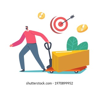 Businessman Character with Manual Trolley Take Away Huge Part of Golden Pie Chart. Shareholder Snatch Dividends Profit, Business Stakeholder Income, Return on Investment. Cartoon Vector Illustration