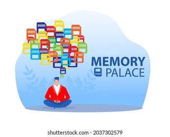 Businessman Character Meditation With Colorful Memory Palace , Concept Vector Illustrator