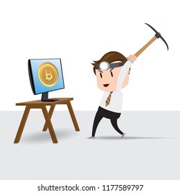 Businessman character mining bitcoins in computer screen, Vector illustration