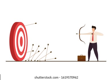 Businessman character missed at the target. Business challenge failure metaphor. Vector illustration isolated on white background.