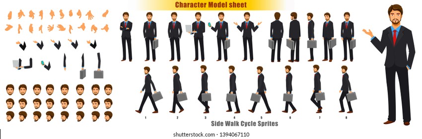 Businessman Character Model Sheet With Walk Cycle Animation. Flat Character Design. Front, Side, Back View Animated Character. Character Creation Set With Various Views, Face Emotions And Poses.