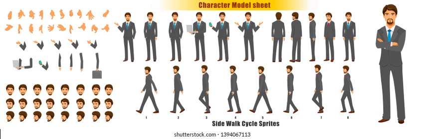 Businessman Character Model sheet with Walk cycle Animation. Flat character design. Front, side, back view animated character. character creation set with various views, face emotions and gestures.