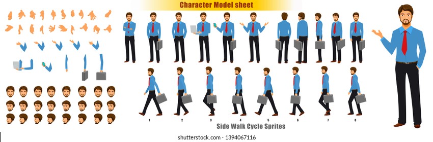 Businessman Character Model sheet with Walk cycle Animation. Flat character design. Front, side, back view animated character. character creation set with various views, face emotions and gestures.