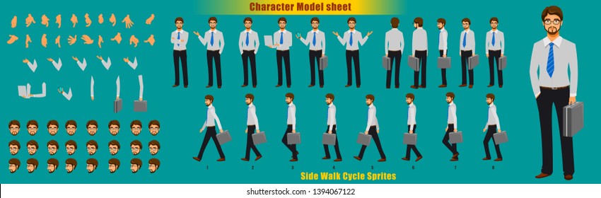 Businessman Character Model Sheet With Walk Cycle Animation. Character Design. Front, Side, Back View Animated Character. Character Creation Set With Various Views, Face Emotions,poses And Gestures.