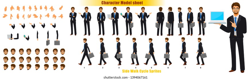 Businessman Character Model Sheet With Walk Cycle Animation. Character Design. Front, Side, Back View Animated Character. Character Creation Set With Various Views, Face Emotions, Poses And Gestures.