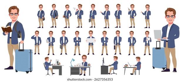 Businessman Character Model sheet with Walk cycle Animation Sequence .Man Character design. Front, side, back view and explainer animation poses. Character set with lip sync and facial expressions