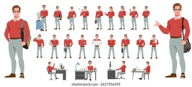 Businessman Character Model sheet with Walk cycle Animation Sequence .Man Character design. Front, side, back view and explainer animation poses. Character set with lip sync and facial expressions