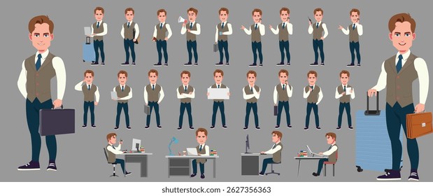 Businessman Character Model sheet with Walk cycle Animation Sequence .Man Character design. Front, side, back view and explainer animation poses. Character set with lip sync and facial expressions
