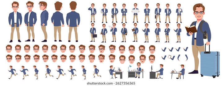 Businessman Character Model sheet with Walk cycle Animation Sequence .Man Character design. Front, side, back view and explainer animation poses. Character set with lip sync and facial expressions