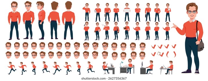Businessman Character Model sheet with Walk cycle Animation Sequence .Man Character design. Front, side, back view and explainer animation poses. Character set with lip sync and facial expressions