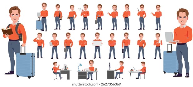 Businessman Character Model sheet with Walk cycle Animation Sequence .Man Character design. Front, side, back view and explainer animation poses. Character set with lip sync and facial expressions