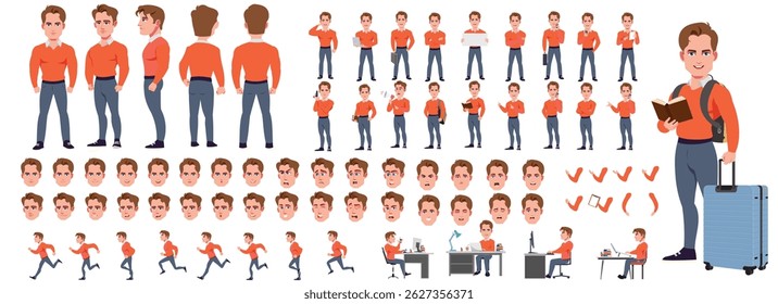 Businessman Character Model sheet with Walk cycle Animation Sequence .Man Character design. Front, side, back view and explainer animation poses. Character set with lip sync and facial expressions