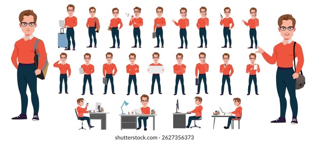 Businessman Character Model sheet with Walk cycle Animation Sequence .Man Character design. Front, side, back view and explainer animation poses. Character set with lip sync and facial expressions