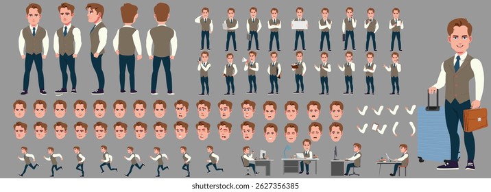 Businessman Character Model sheet with Walk cycle Animation Sequence .Man Character design. Front, side, back view and explainer animation poses. Character set with lip sync and facial expressions