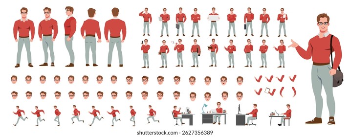 Businessman Character Model sheet with Walk cycle Animation Sequence .Man Character design. Front, side, back view and explainer animation poses. Character set with lip sync and facial expressions