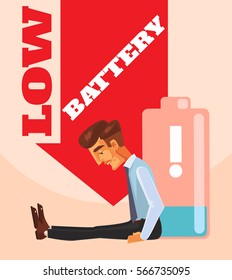 Businessman character no energy battery. Vector flat cartoon illustration