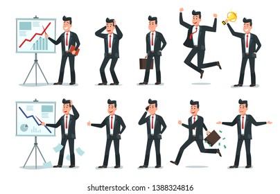Businessman character. Office employee workers, tired finance worker and business characters cartoon vector illustration set