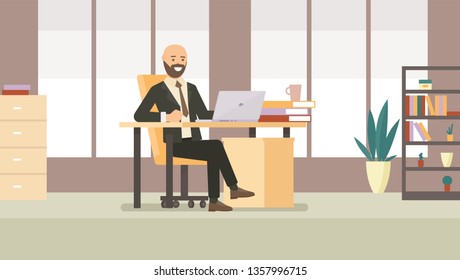 Businessman character in office interior. Vector illustration in flat style