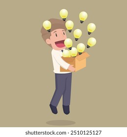 Businessman Character Open Huge Box with Light Bulbs Flying Out. Enlightenment Propaganda, Message. Knowledge and Ideas Spreading, Education. Leaving of Mind Limits, Dreaming.vector.illustration