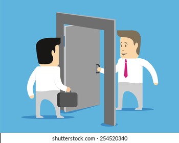Businessman character opens the door to other businessmen and meets him