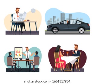 Businessman character opportunities scene set. Executive manager, office worker reading newspaper, driving luxury car, performing with analytics report at meeting, having date. Vector illustration