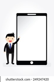 Businessman character pointing on empty screen with space smart-phone in flat style suited for presentation of new application or advertising design