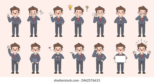 Businessman character pose set in suit uniform. Employee people in job