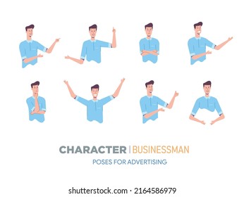 personaje de negocios posa para publicidad. Creación con diversas visiones, frente a emociones, poses y gestos.