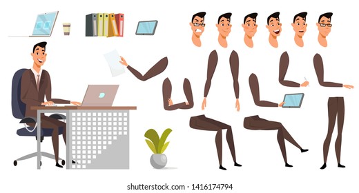 Businessman character poses and emotions set. Entrepreneur body parts and office items pack. Cheerful corporate employee flat vector illustration. Executive manager, financier working with laptop