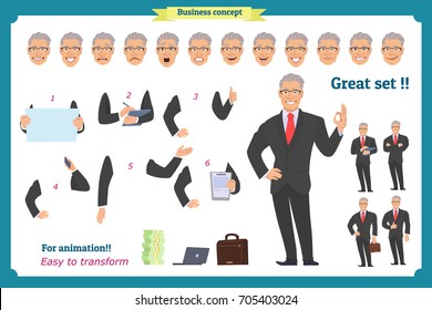 Businessman character. poses,full length, different views, emotions, body elements.Isolated vector on white.Man in business suit.Flat for animation.Business people.Man avatar expressions.Man character