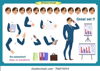 Businessman character. poses,full length, different views, emotions, body elements.Isolated vector on white.Man in business suit.Flat for animation.Business people.Man avatar expressions.Man character