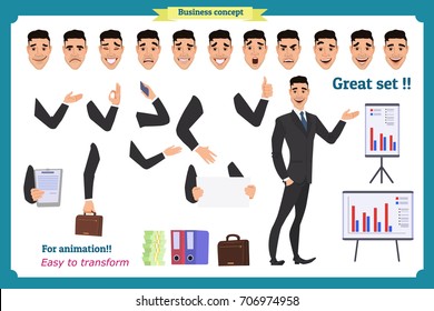 Businessman character. poses,full length, different views, emotions, body elements.Isolated vector on white.Man in business suit.Flat for animation.Business people.Man avatar expressions.Man character