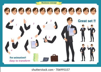 Businessman Character. Poses,full Length, Different Views, Emotions, Body Elements.Isolated Vector On White.Man In Business Suit.Flat For Animation.Business People.Man Avatar Expressions.Man Character