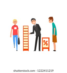 Businessman character promoting products or services on a stand, people visiting a trade fair or exhibition vector Illustration on a white background