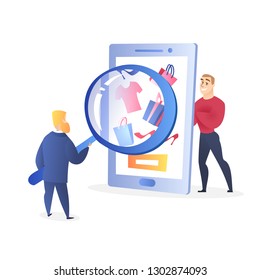 Businessman Character Purchasing Products via Internet Using Huge Magnifying Glass, Male Seller Helping Customer to Choose Clothes, Online Shopping, Digital Marketing Vector Illustration