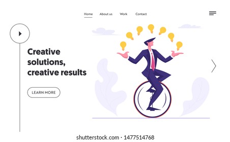 Businessman Character Racing in Leadership Competition Website Landing Page. Business Man Riding Monowheel Juggling Glowing Light Bulbs. Creative Idea Web Page Banner. Cartoon Flat Vector Illustration