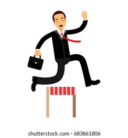 Businessman character racing over hurdle obstacles, business competition vector Illustration