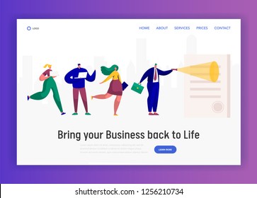Businessman Character Reading Contract with Stamp Landing Page. Giant Team People Looking at Paper Agreement Template Lighting Flashlight for Website or Web Page. Flat Cartoon Vector Illustration