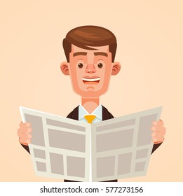 Businessman character reading newspaper. Vector flat cartoon illustration