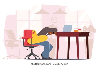 Businessman Character Relaxing With An Inflatable Duck In A Bright Office Setting During Work Hours, Dreaming about Vacation, Creating Contrast Between Work And Leisure. Cartoon Vector Illustration