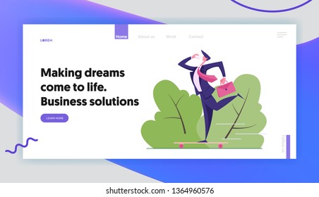 Businessman Character Riding Skateboard with Cup of Coffee Landing Page. Employee Hurry to Office Work with Coffee. Healthy Lifestyle, Exercise Banner, Website, Web Page. Vector Flat illustration