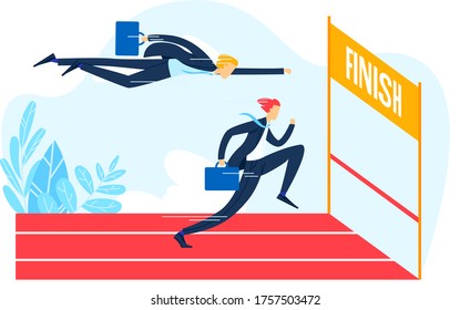 Businessman character running finish line, male flee outdoor treadmill competition business company, catching up fly competitor isolated on white, flat vector illustration. Global contest business.