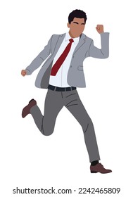 Businessman character running, jumping. Business Man in formal outfit, suit and tie, front view. Realistic vector illustration isolated on white background