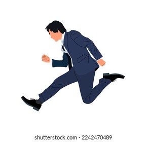 Businessman character running, jumping. Business Man in formal suit, side view. Realistic vector illustration isolated on white background