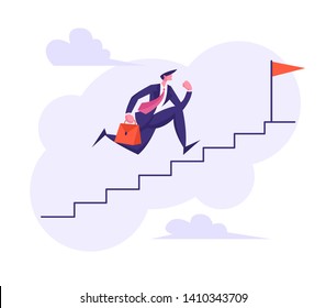 Businessman Character Running Up Stairway to the Top. Leadership, Career Growth, Goal Achievement, Business Success Concept with Man Climbing Up The Stairs. Vector flat illustration