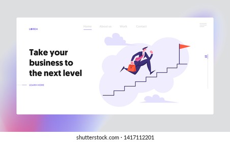 Businessman Character Running Up Stairway to the Top Landing Page. Leadership, Career Growth, Goal Achievement, Business Success Concept with Man Climbing Up The Stairs Website Banner. Vector flat