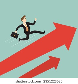 Businessman character runs up big arrow up way, Concept of successful career growth, illustration vector cartoon flat EPS10