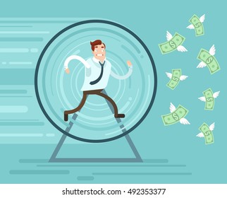 Businessman character runs trying catch money. Vector flat cartoon illustration