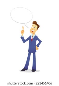 Businessman character says bubble. Vector illustration