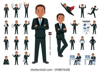 Businessman Character Set 5 In Five Head To Body Ratio Scale. Working And General Situation Pose Of African Staff.